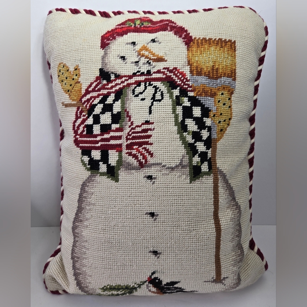 Vintage Wool Needlepoint Tapestry Pillow Snowman‎ Velvet Back Down Filled 17x13 - Picture 2 of 5